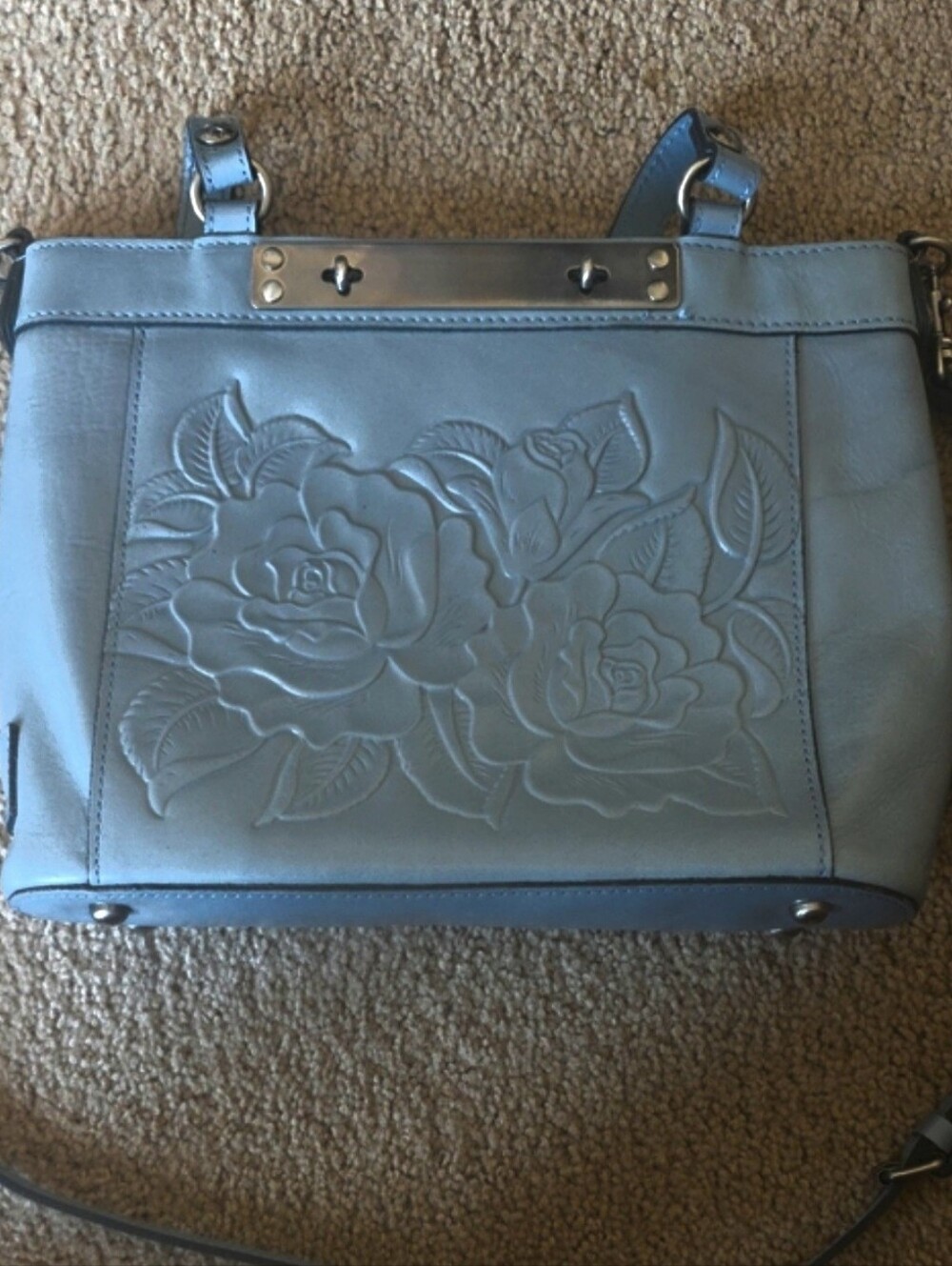 Patricia Nash Blue Floral Embossed Leather Shoulder Bag